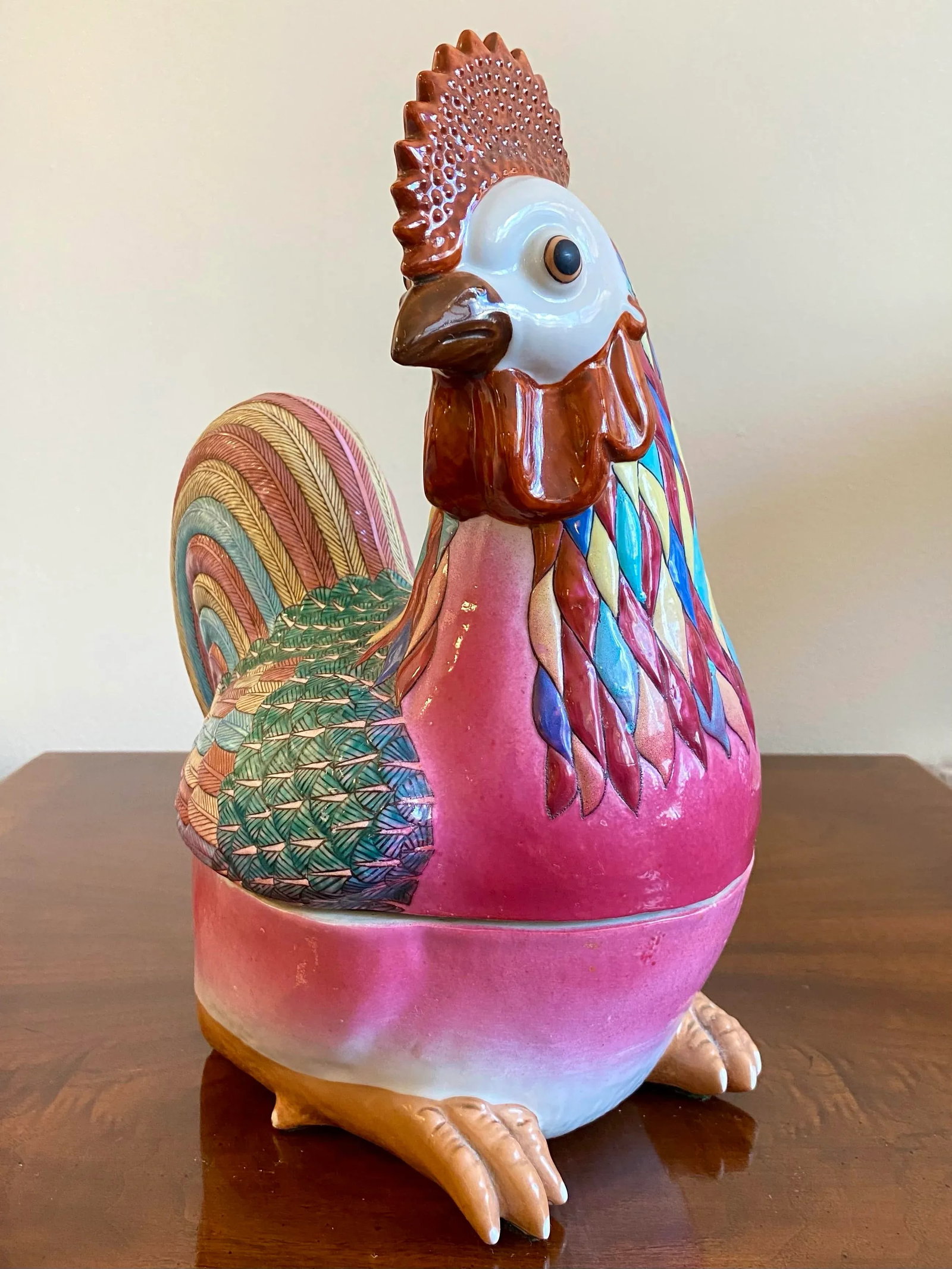 Mid 20th Century Antique Chinese Export Polychrome Porcelain Chicken, Hen, Rooster Form Tureen Box, - 3