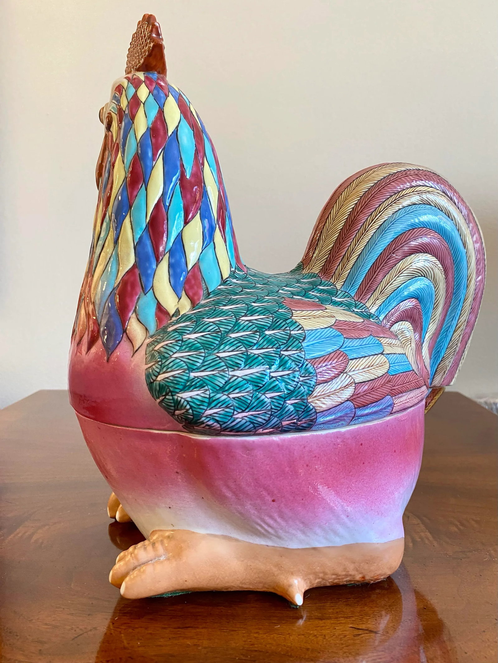 Mid 20th Century Antique Chinese Export Polychrome Porcelain Chicken, Hen, Rooster Form Tureen Box, - 8