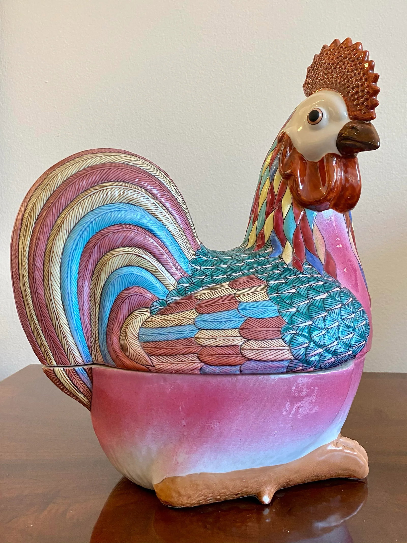 Mid 20th Century Antique Chinese Export Polychrome Porcelain Chicken, Hen, Rooster Form Tureen Box, - 9