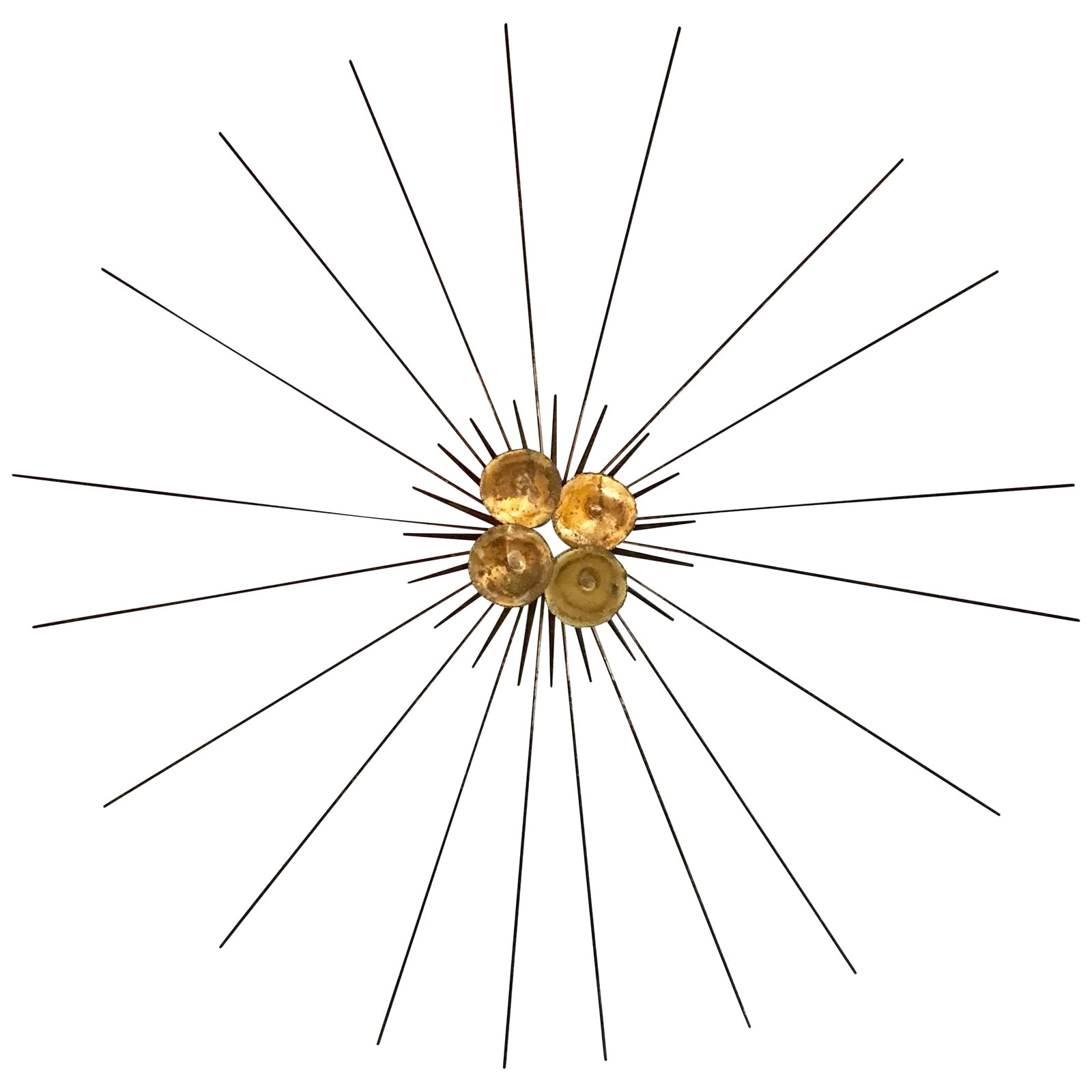 Mid-Century Modern Brutalist Metal Sunburst Wall Sculpture: Mid-Century Modern mixed metal and brass sunburst wall art sculpture in the style of Curtis Jere. Condition: Alterations: Unknown Imperfections: Some Imperfections Condition Notes: Good Overall