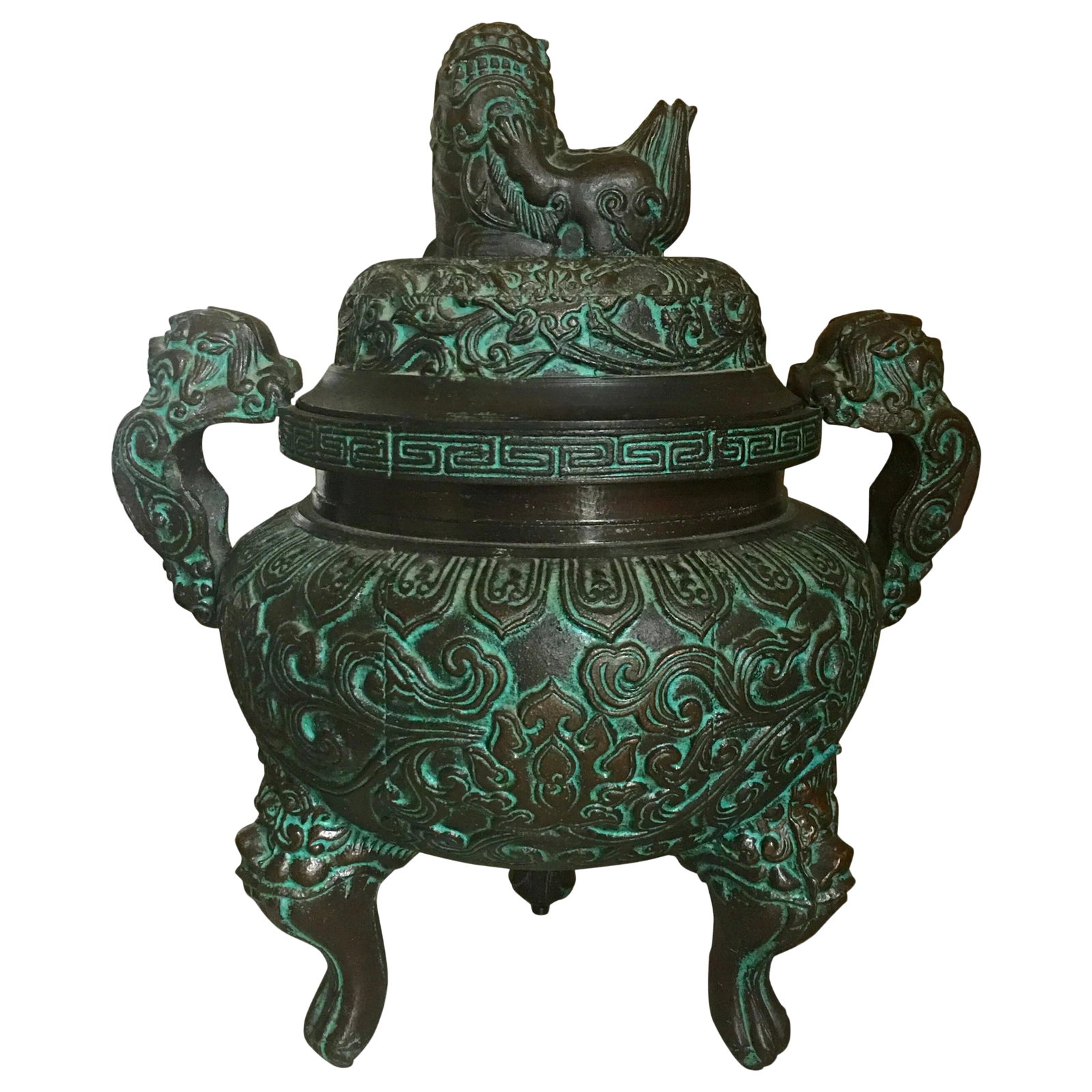 Midcentury James Mont Style Asian Style Greek Key Ice Bucket Urn: Midcentury modern era Asian style ice bucket in the manner of James Mont. This highly detailed metal piece features a faux bronze verdigrises' finish and intricate geometric engraving and embossing. T