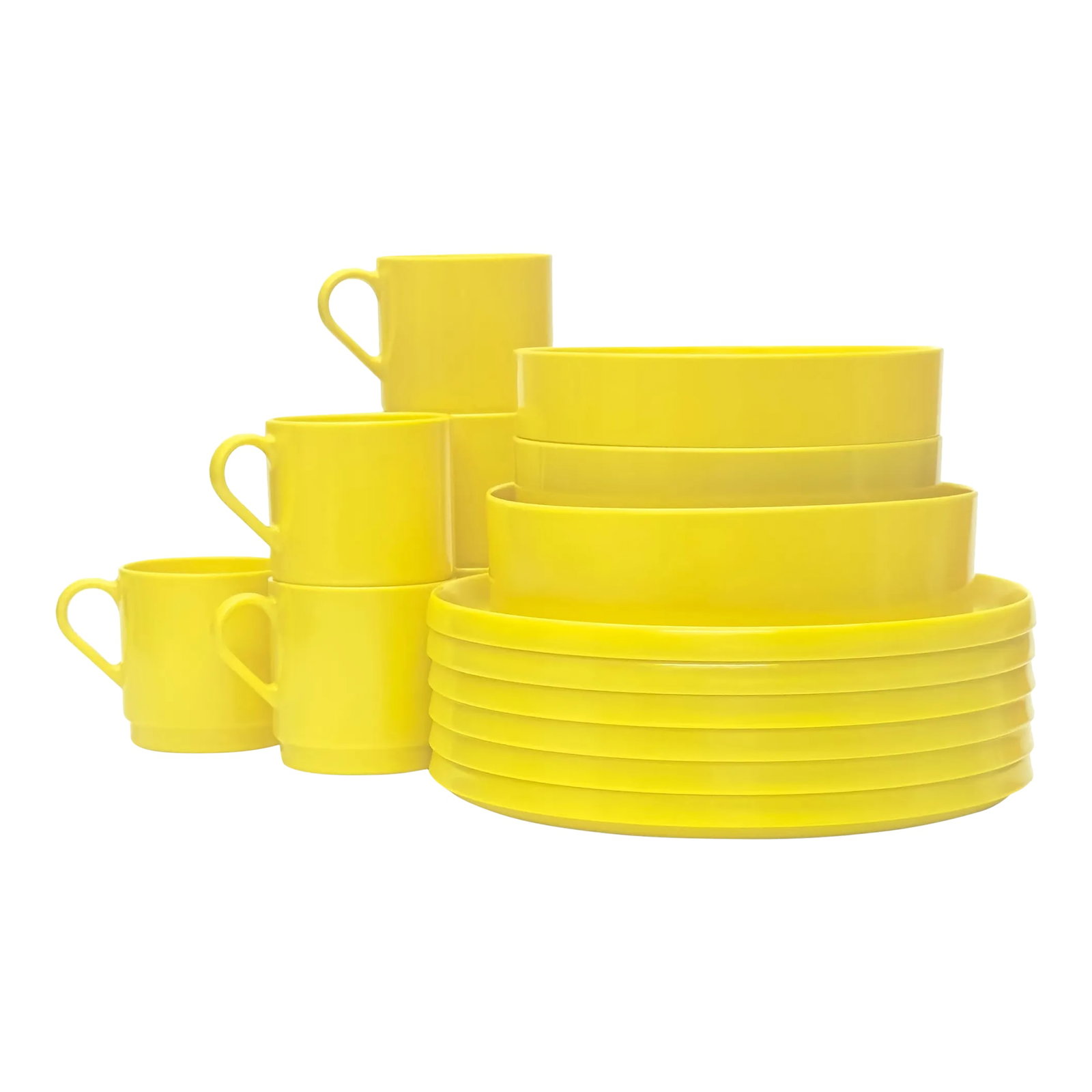 1970s Yellow Melamine Oblique Dinnerset by P M C - Place Settings for 6 / 16 Pieces: Yellow dinner set, group of 16. This eccentric 1970's yellow melamine dinner set is from the Oblique by PMC line. It includes dinner plates(6), medium serving bowls (3), large serving bowl (1), and