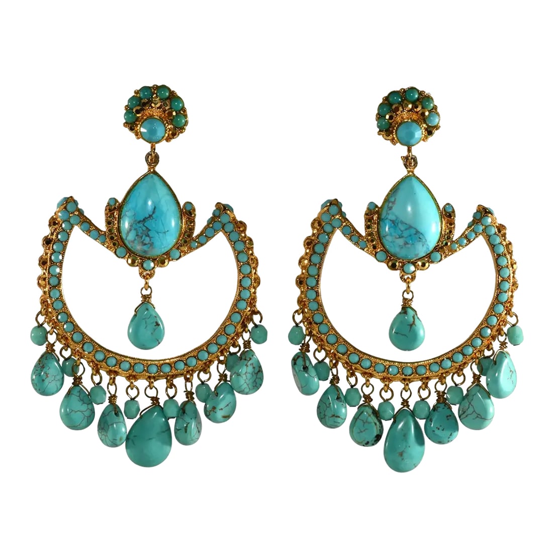 Barrera Large Earrings Faux Turquoise Rhinestones Dangles Hoops - 2 Pieces: Clip back earrings in a bold dangling hoop style. These are embellished with faux turquoise cabochons and multiple drops from each hoop. Metal is gold plated. We believe these date to c. 2000. Marked