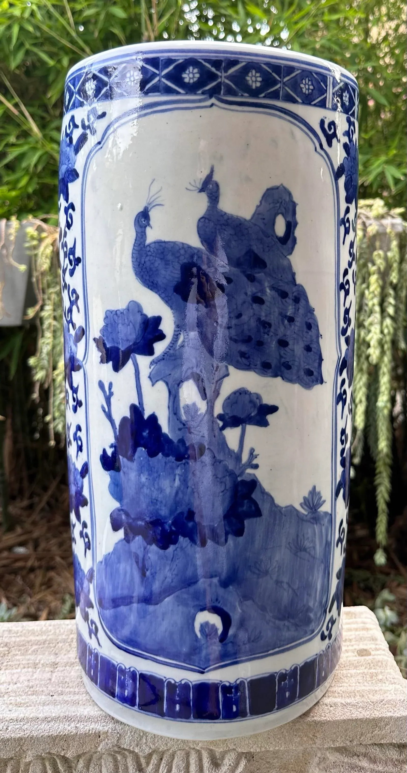 Mid 20th Century Chinese Qianlong Blue White Chinoiserie Peacock Floral Porcelain Cane Umbrella Stan - 2