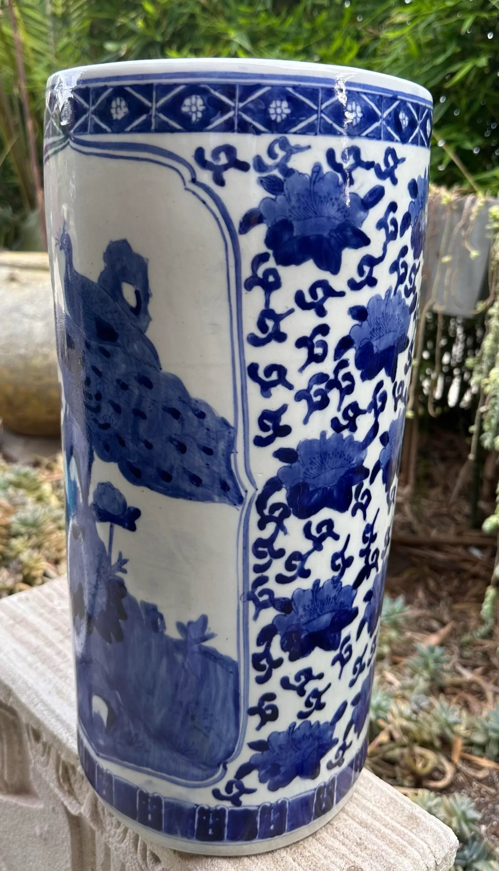 Mid 20th Century Chinese Qianlong Blue White Chinoiserie Peacock Floral Porcelain Cane Umbrella Stan - 4