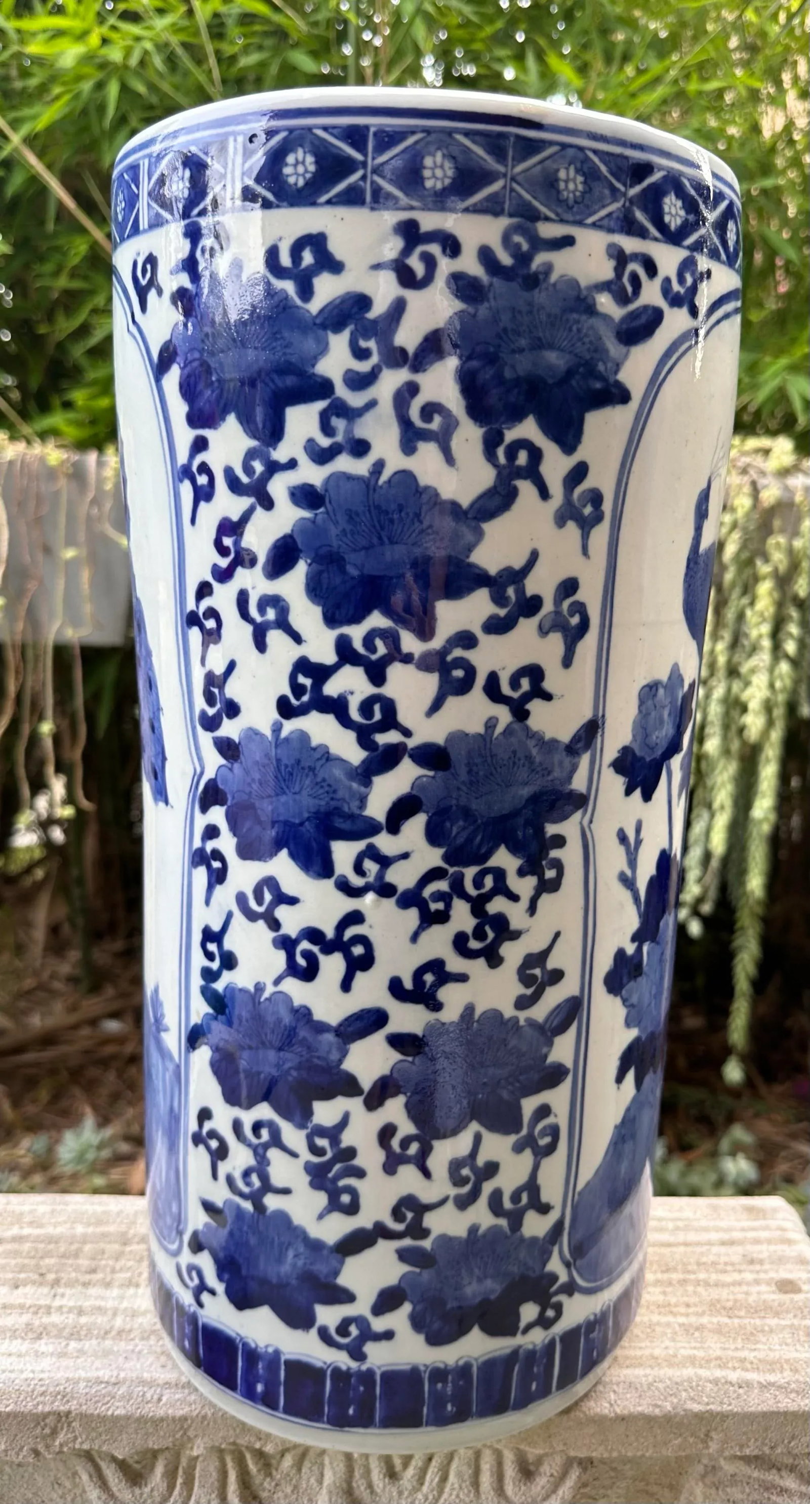 Mid 20th Century Chinese Qianlong Blue White Chinoiserie Peacock Floral Porcelain Cane Umbrella Stan - 6