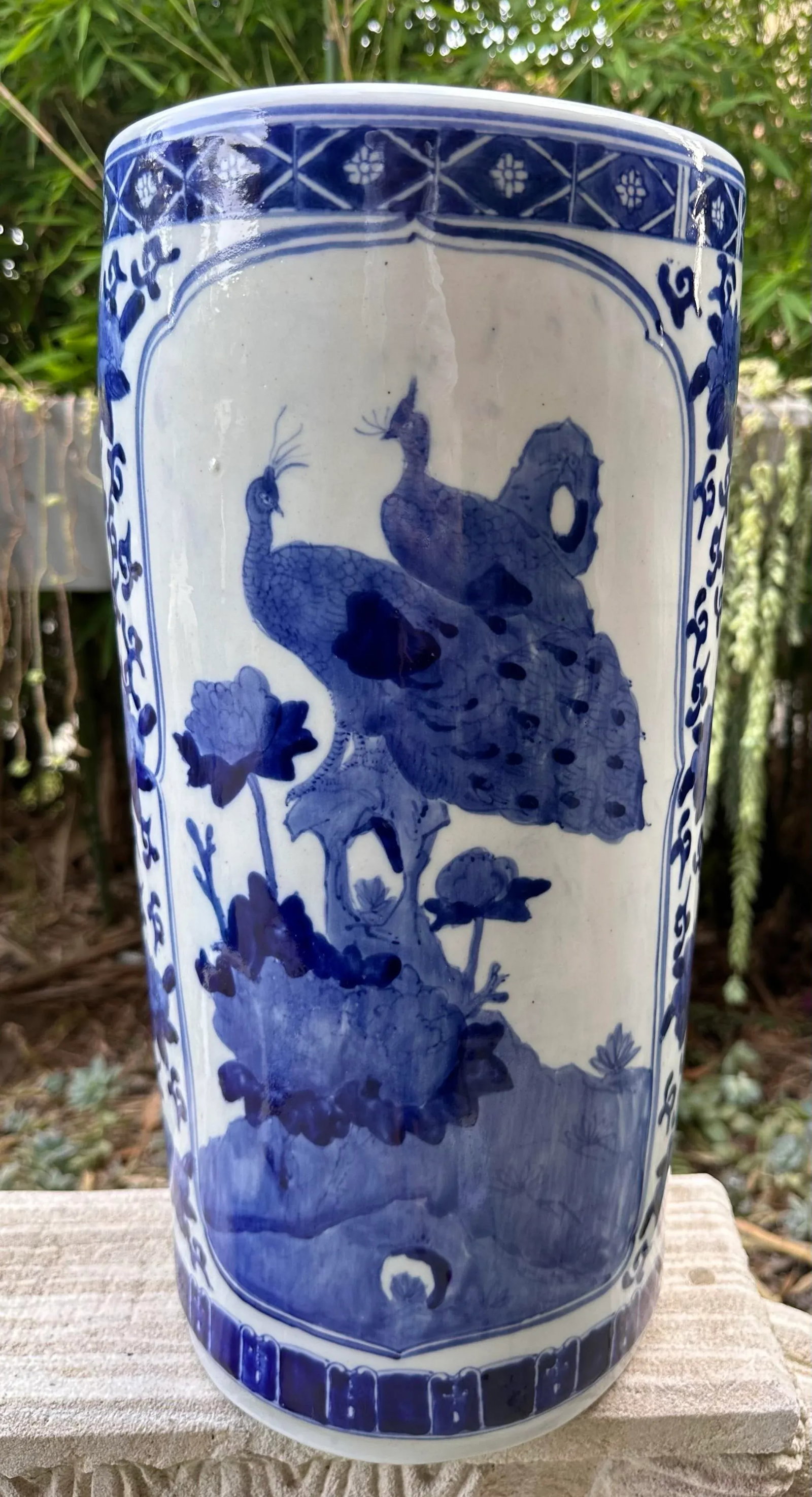 Mid 20th Century Chinese Qianlong Blue White Chinoiserie Peacock Floral Porcelain Cane Umbrella Stan - 8