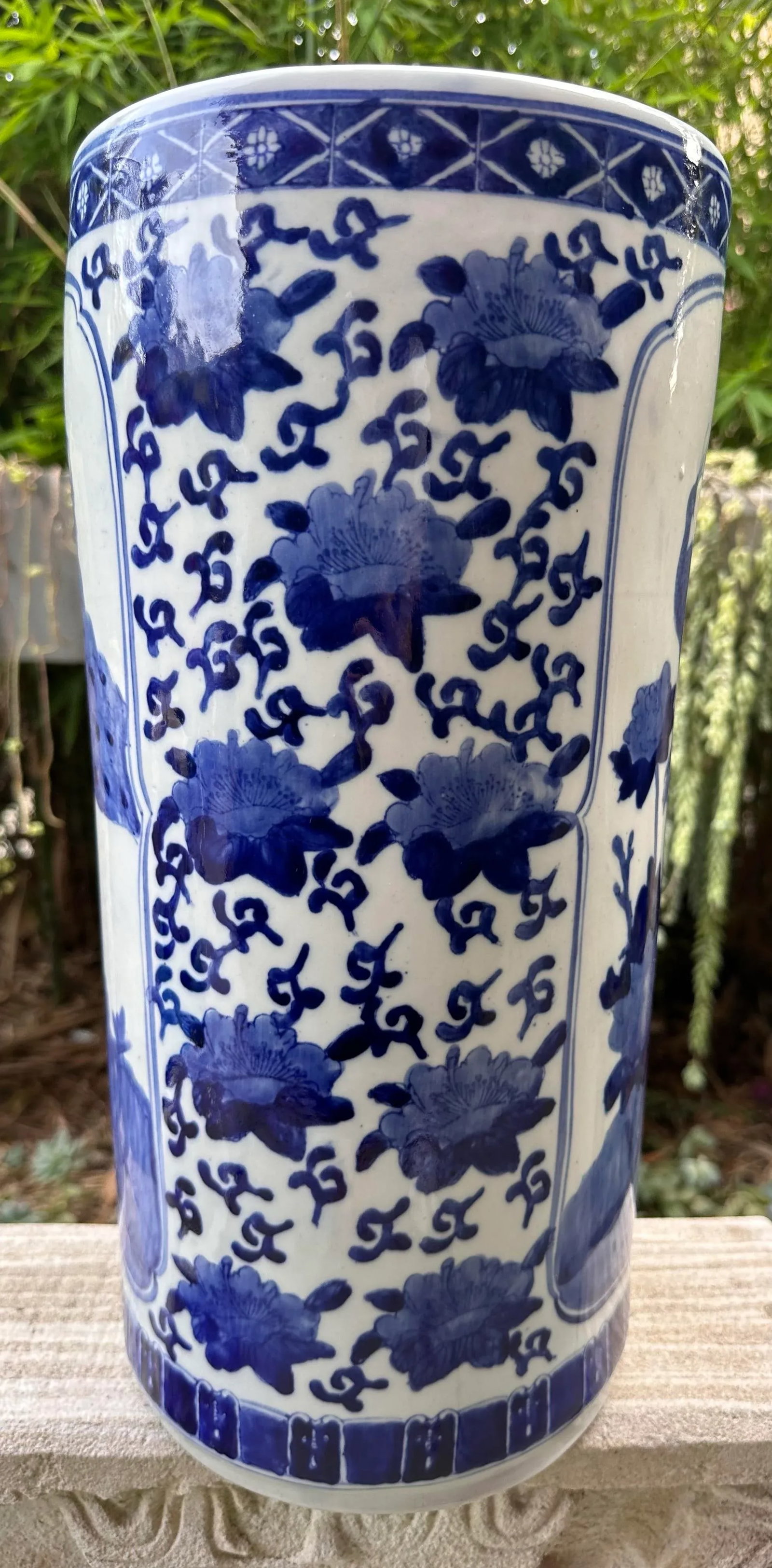 Mid 20th Century Chinese Qianlong Blue White Chinoiserie Peacock Floral Porcelain Cane Umbrella Stan - 9