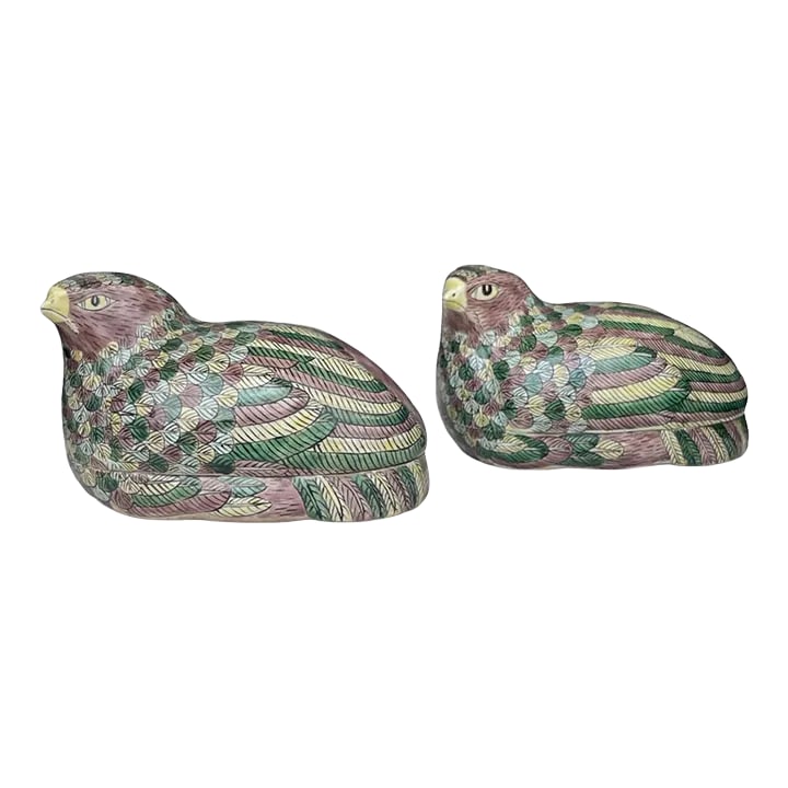 Late 19th Century Antique Qing Chinese Famille Verte Porcelain Quail Boxes - a Pair: RARE Chinese Famille Verte porcelain lidded box in the shape of a nesting Quail (Qing 1644-1911). The detailed feathers are in light relief and are hand painted in enamel colors of yellow, green,