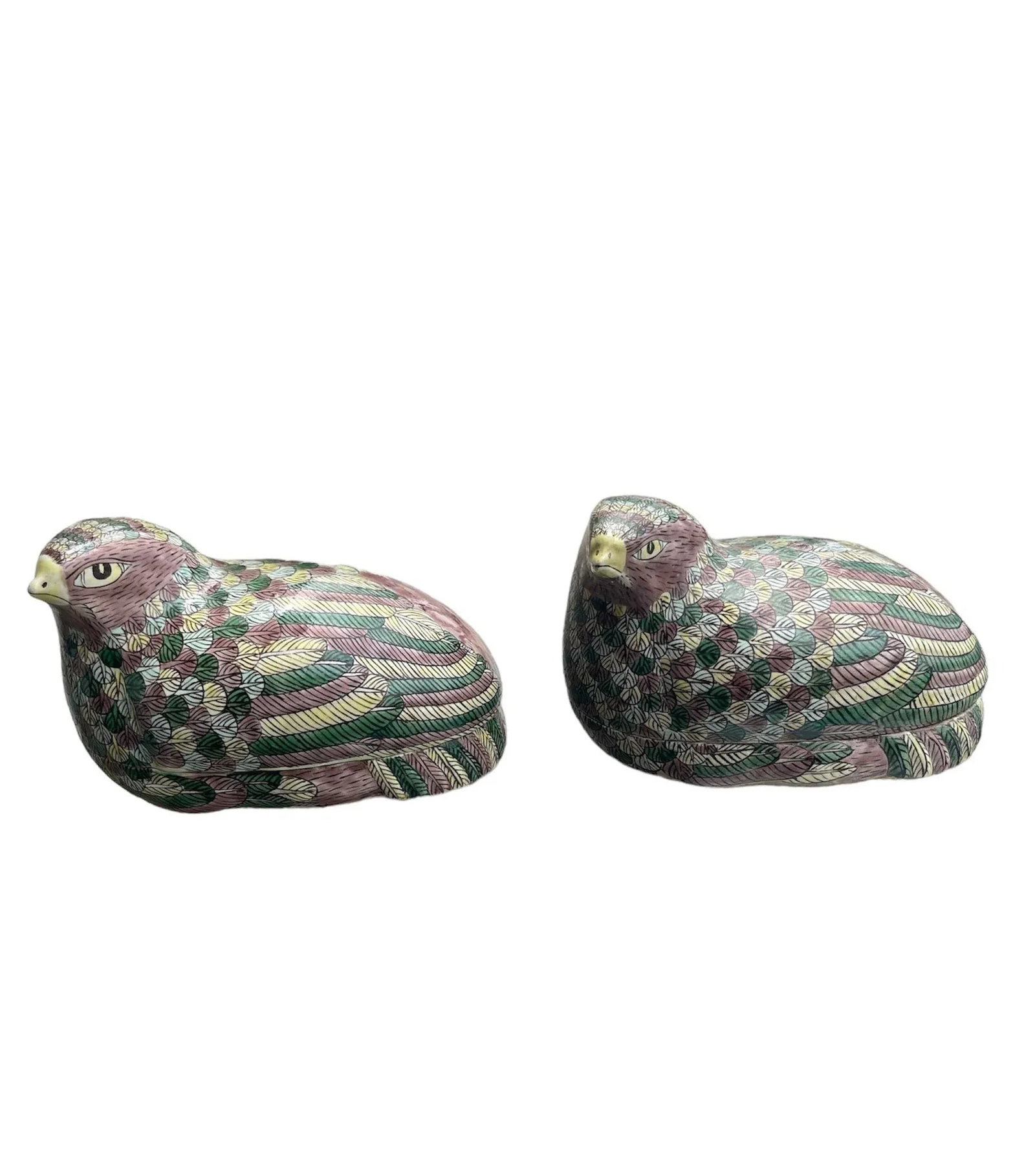 Late 19th Century Antique Qing Chinese Famille Verte Porcelain Quail Boxes - a Pair - 2