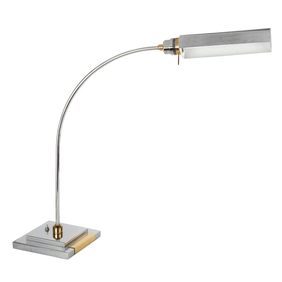 Large Vintage Arch Desk Lamp: High quality chrome and brass elongated office lamp. Operates with push knob on the base. DIMENSIONS H 27 in. x W 30 in. x D 8 in. Used fluorescent bulb DULUX S 13W cf13DS/841 eco Condition: