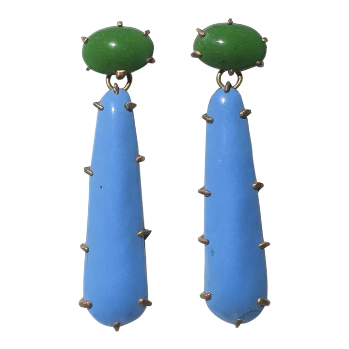 Blue and Green Enamel Dangle Drop Earrings - 2 Pieces: This is part of Chairish's Fine Jewelry assortment. A beautiful, long, lightweight and well-made pair of green and periwinkle blue enamel and copper metal dangle or drop earrings. A special
