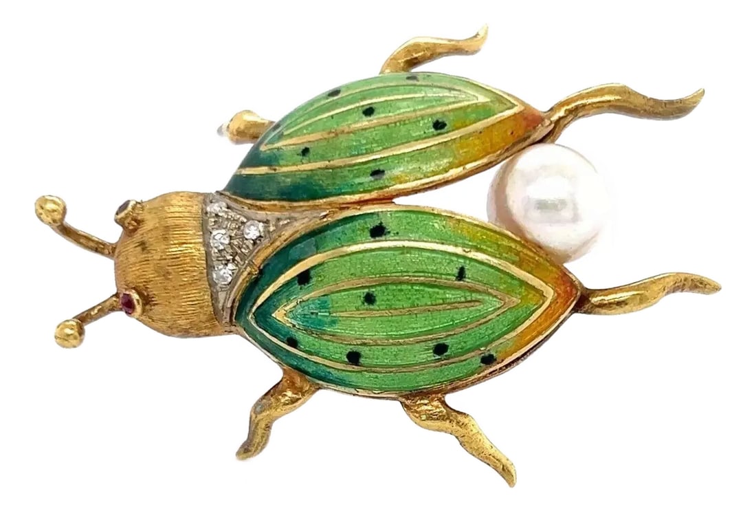 Diamond Pearl & Ruby Enamel 18k Yellow Gold Beetle Bug Pin Brooch: This cute vintage beetle brooch is crafted from solid 18k yellow gold featuring an adorable beetle with green enamel wings a pearl held between its back legs and wings. Diamonds on its neck and ruby e