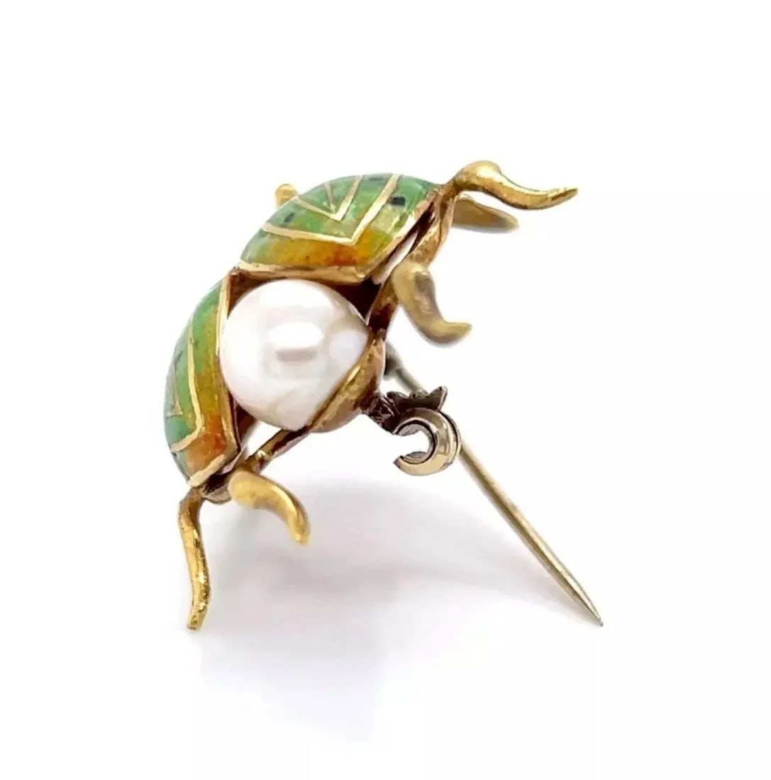 Diamond Pearl & Ruby Enamel 18k Yellow Gold Beetle Bug Pin Brooch - 2