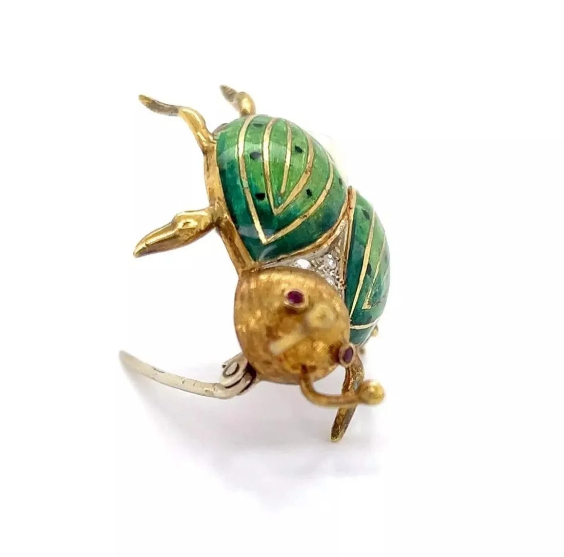 Diamond Pearl & Ruby Enamel 18k Yellow Gold Beetle Bug Pin Brooch - 3