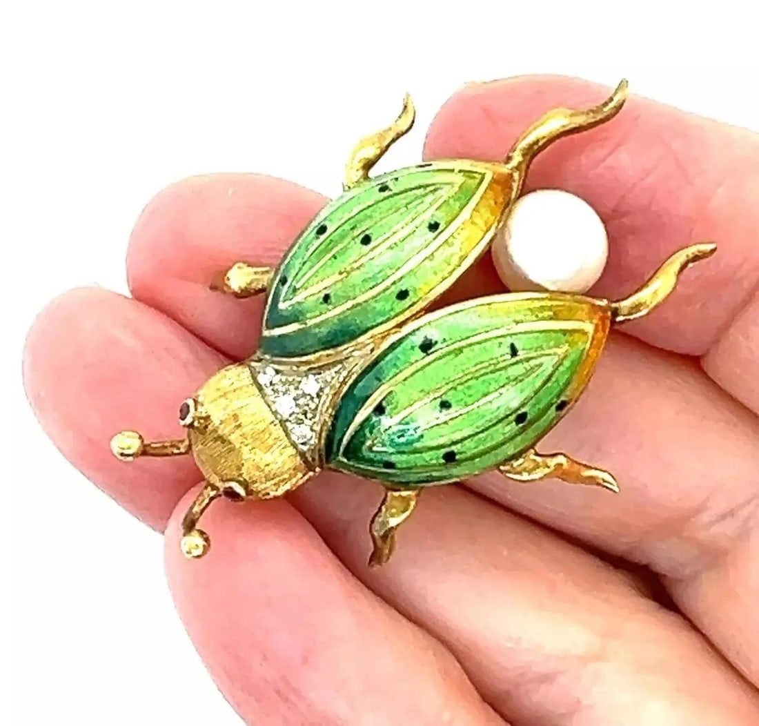 Diamond Pearl & Ruby Enamel 18k Yellow Gold Beetle Bug Pin Brooch - 4