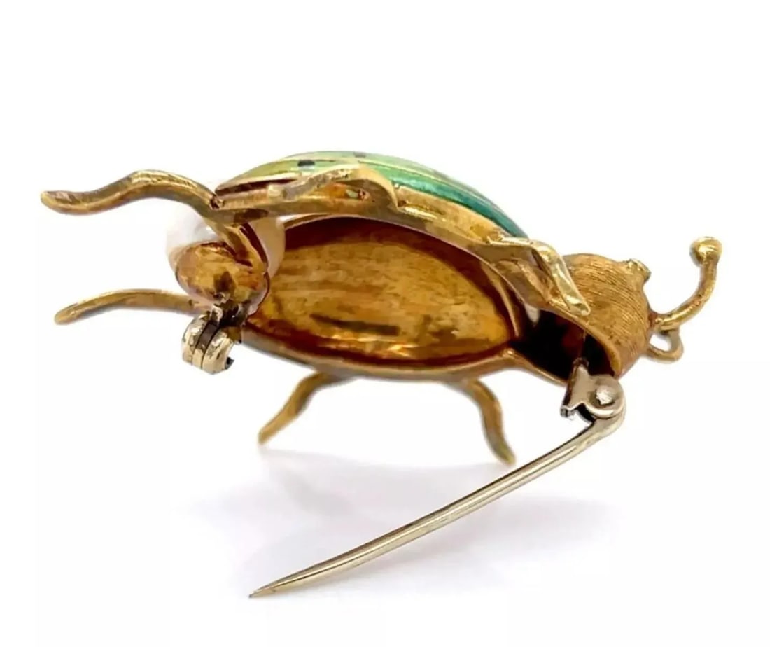 Diamond Pearl & Ruby Enamel 18k Yellow Gold Beetle Bug Pin Brooch - 5
