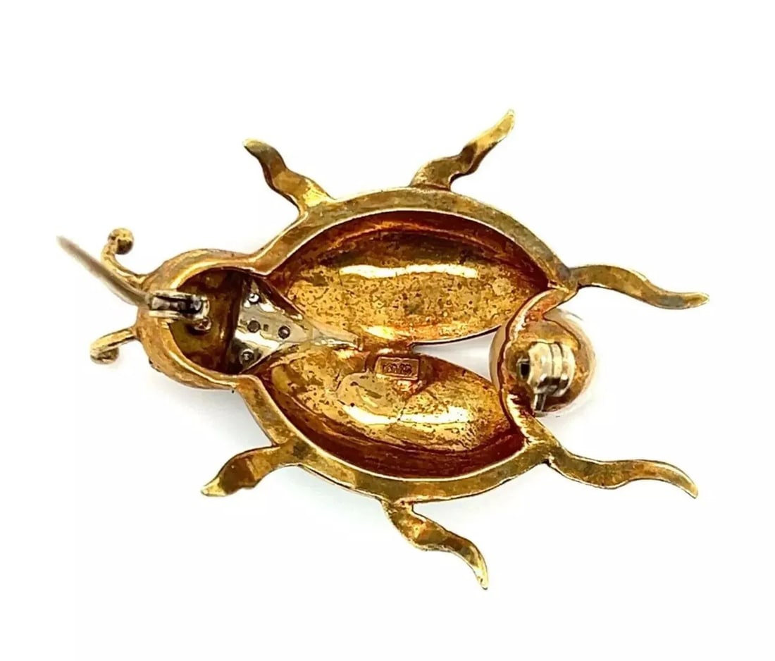 Diamond Pearl & Ruby Enamel 18k Yellow Gold Beetle Bug Pin Brooch - 7
