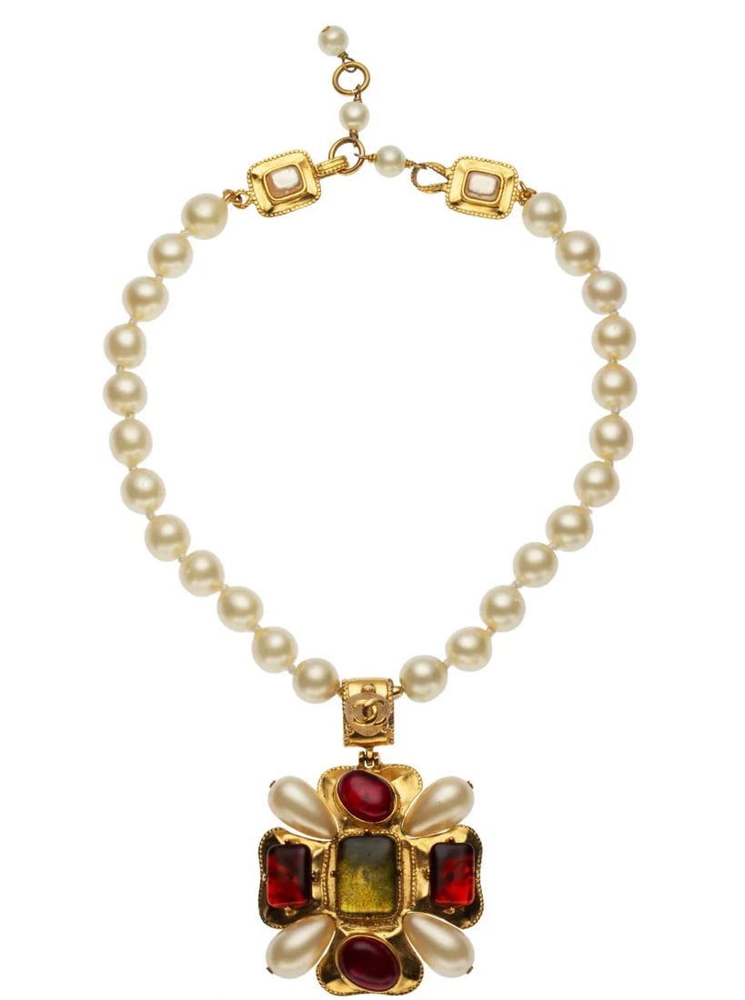 1997 Chanel Pearl Necklace Cross Pendant Gripoix Goossens Fall Vintage Maltese - 2
