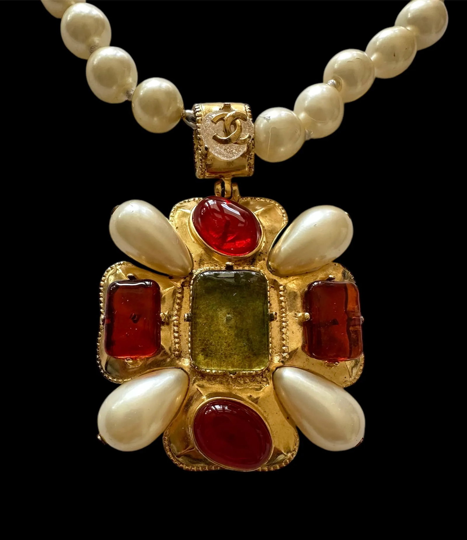 1997 Chanel Pearl Necklace Cross Pendant Gripoix Goossens Fall Vintage Maltese - 3