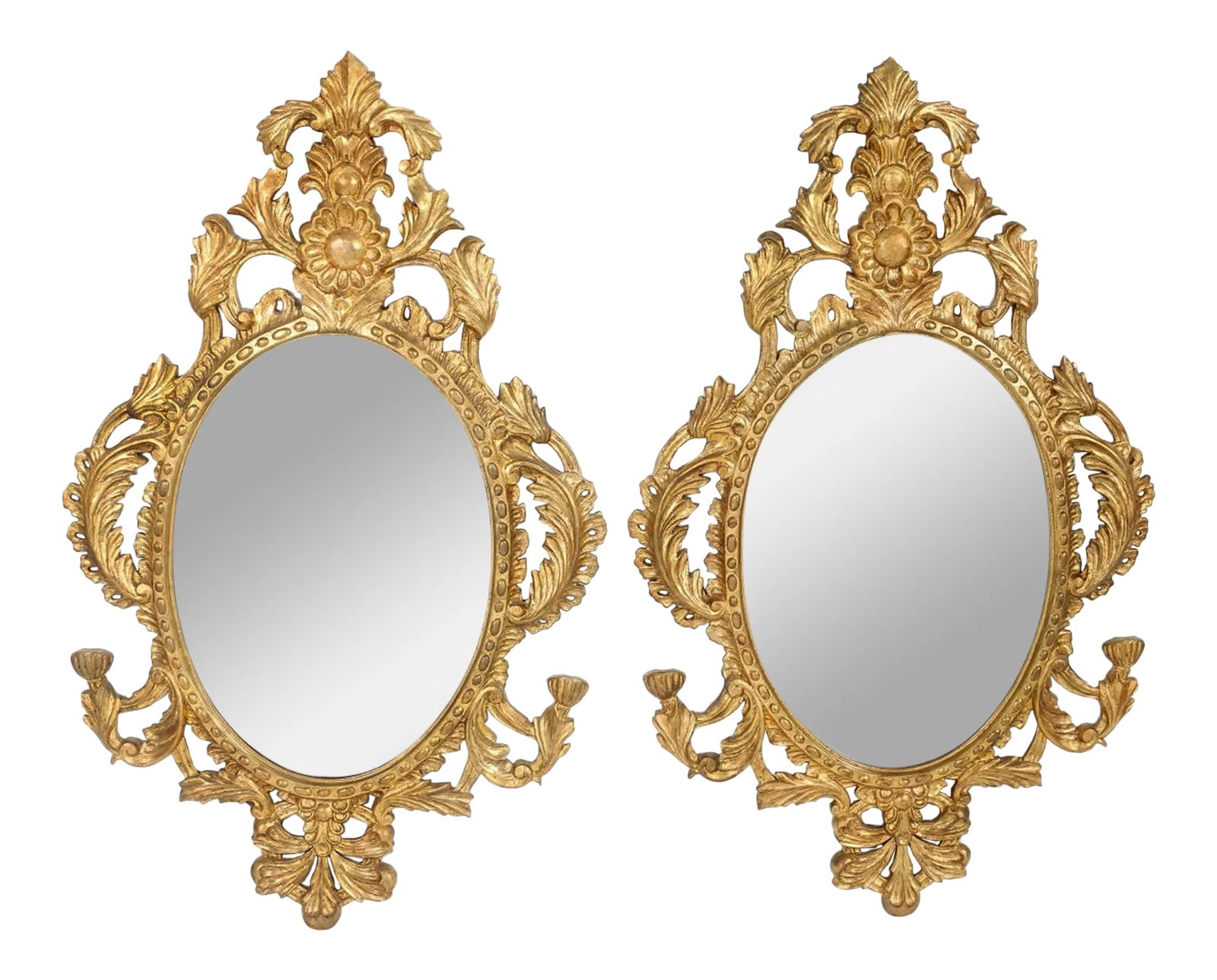 Late 20th Century Giltwood Framed Hanging Wall Mirror - a Pair: Pair of late 20th century giltwood frame hanging wall mirror. Each mirror is in good vintage condition with appropriate wear consistent with age / use. Each mirror measure about 44 inches high x 26