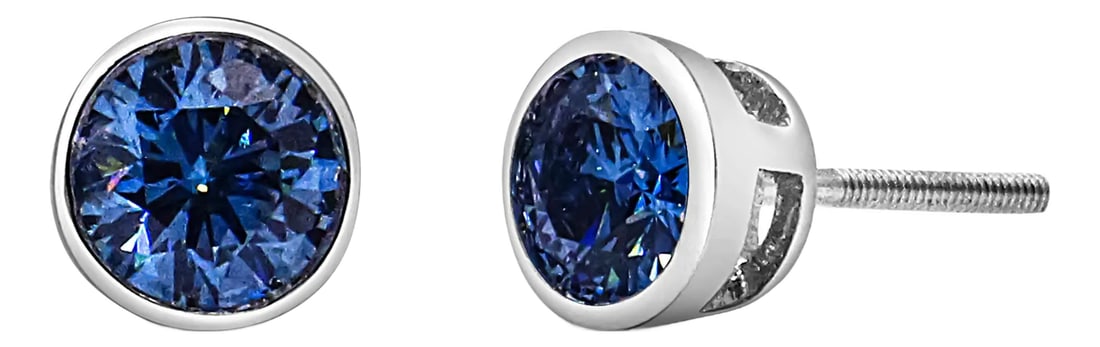 14K White Gold 1.0 Cttw Blue Lab Grown Diamond Screw-Back Classic Bezel Solitaire Stud Earrings (Blu: Elegant and timeless, these gorgeous 14K white gold solitaire stud earrings feature bold and beautiful lab grown blue diamonds in a bezel setting. The earrings feature screwback closures. The notched