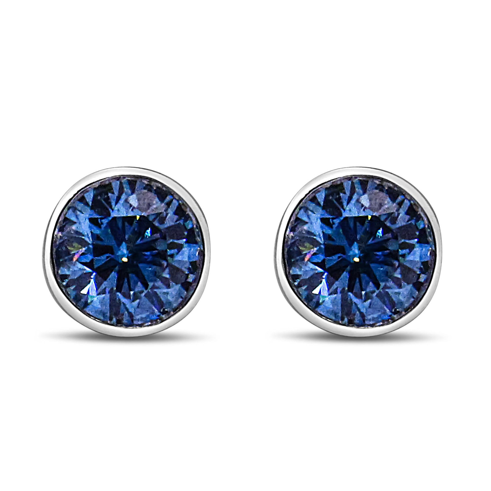 14K White Gold 1.0 Cttw Blue Lab Grown Diamond Screw-Back Classic Bezel Solitaire Stud Earrings (Blu - 2