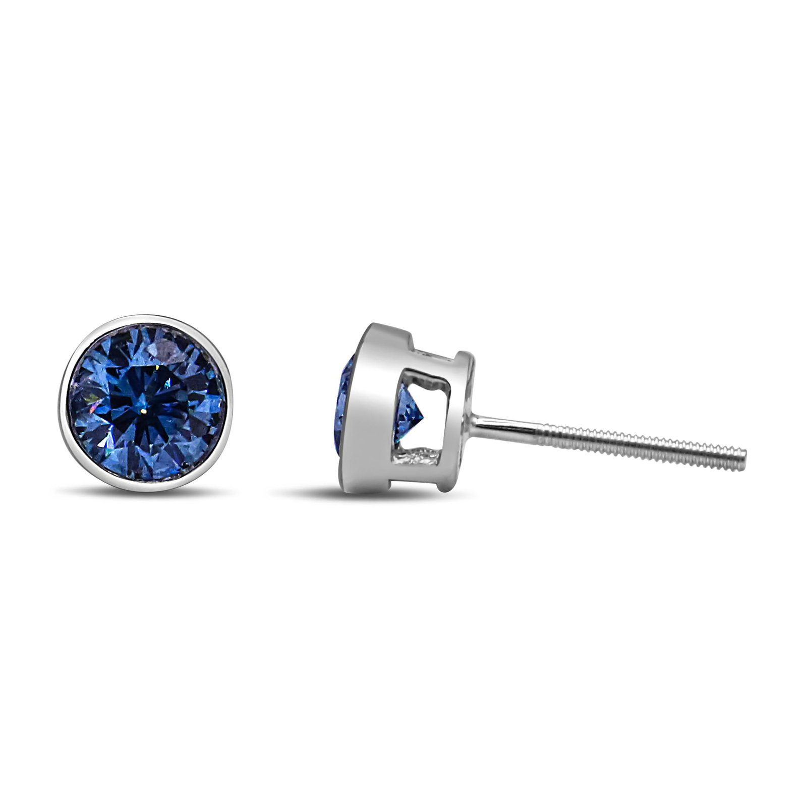 14K White Gold 1.0 Cttw Blue Lab Grown Diamond Screw-Back Classic Bezel Solitaire Stud Earrings (Blu - 3