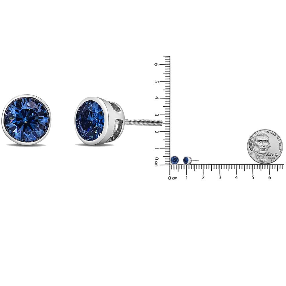 14K White Gold 1.0 Cttw Blue Lab Grown Diamond Screw-Back Classic Bezel Solitaire Stud Earrings (Blu - 5