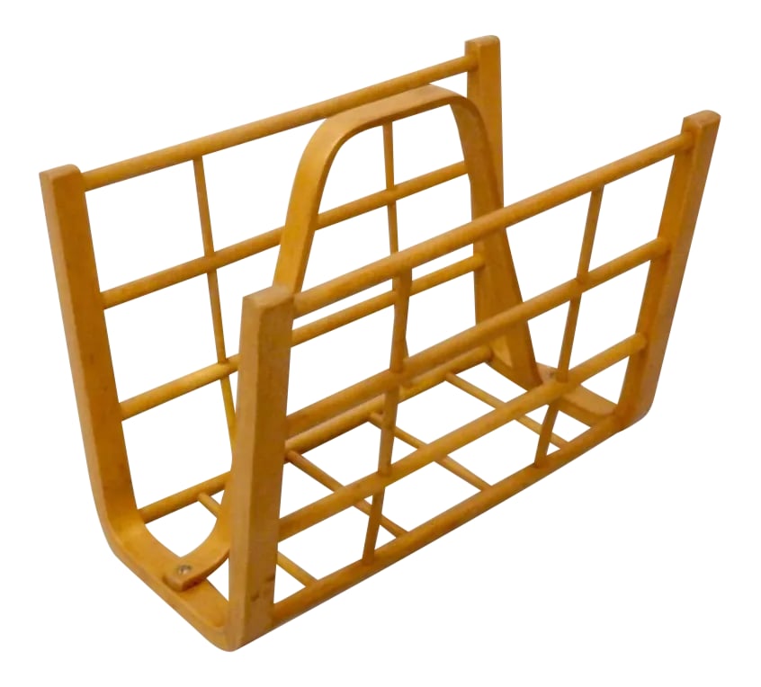 Alvar Aalto Attributed Bent Wood Magazine Stand Rack: Diminutive chair side blonde laminate wood with dowel magazine stand. Clean lines and blonde wood lead me to the Aalto attribution. Condition: Alterations: Unknown Imperfections: Some Imperfections Co