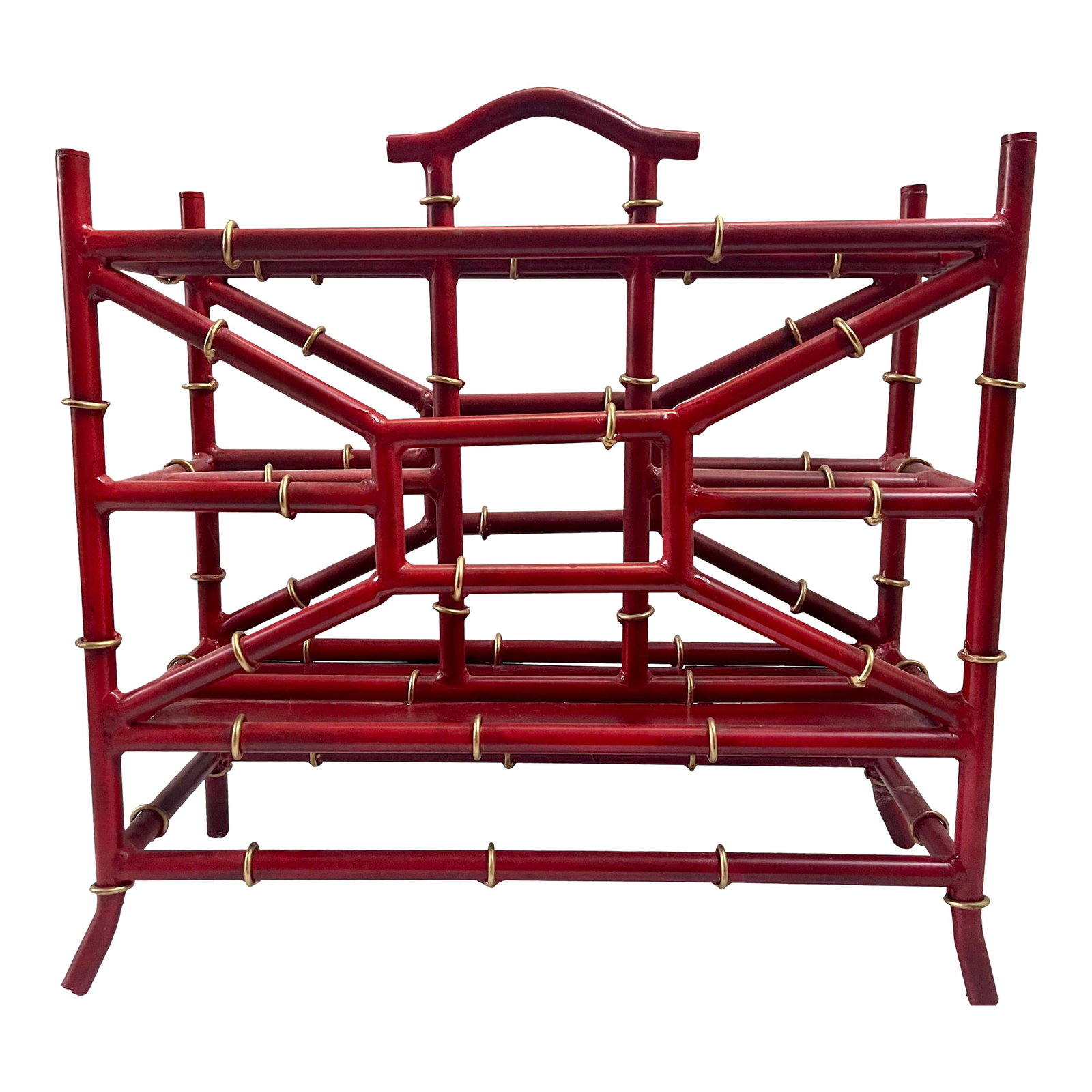 Palm Beach Tony Duquette Style Red Coral Faux Bamboo Magazine Rack Stand: Fabulous Palm Beach faux bamboo magazine rack in red coral with gold accents, in the style of the famous interior designer Tony Duquette Perfect in any room for a pop of color. Condition: