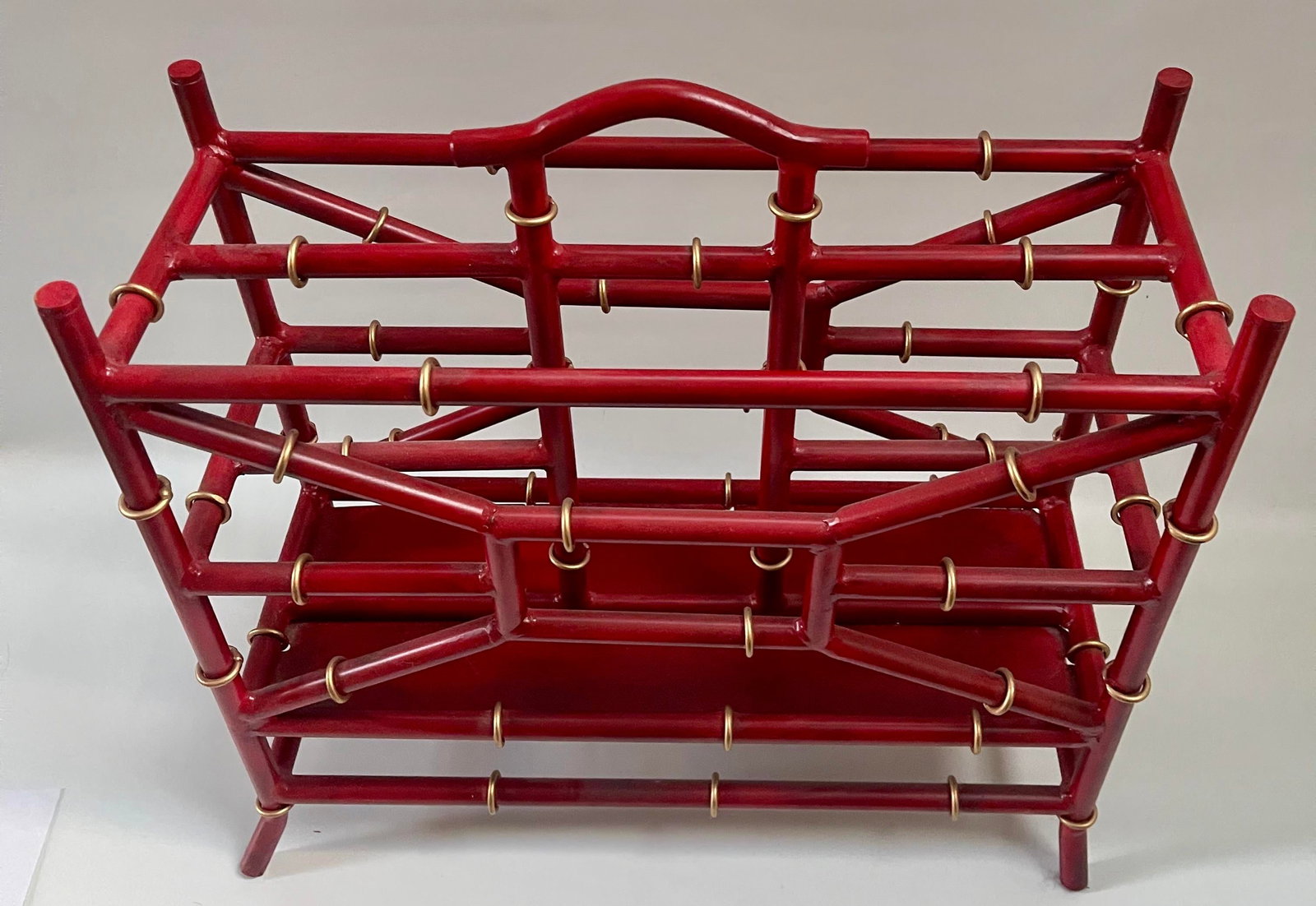Palm Beach Tony Duquette Style Red Coral Faux Bamboo Magazine Rack Stand - 2
