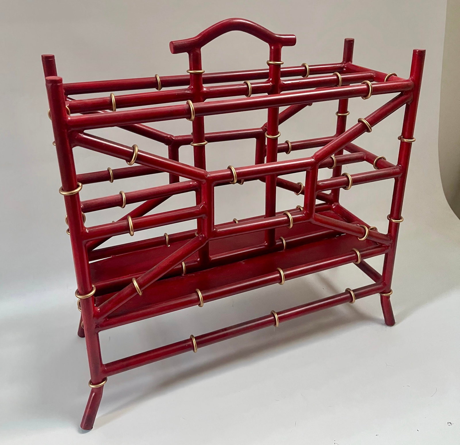 Palm Beach Tony Duquette Style Red Coral Faux Bamboo Magazine Rack Stand - 3