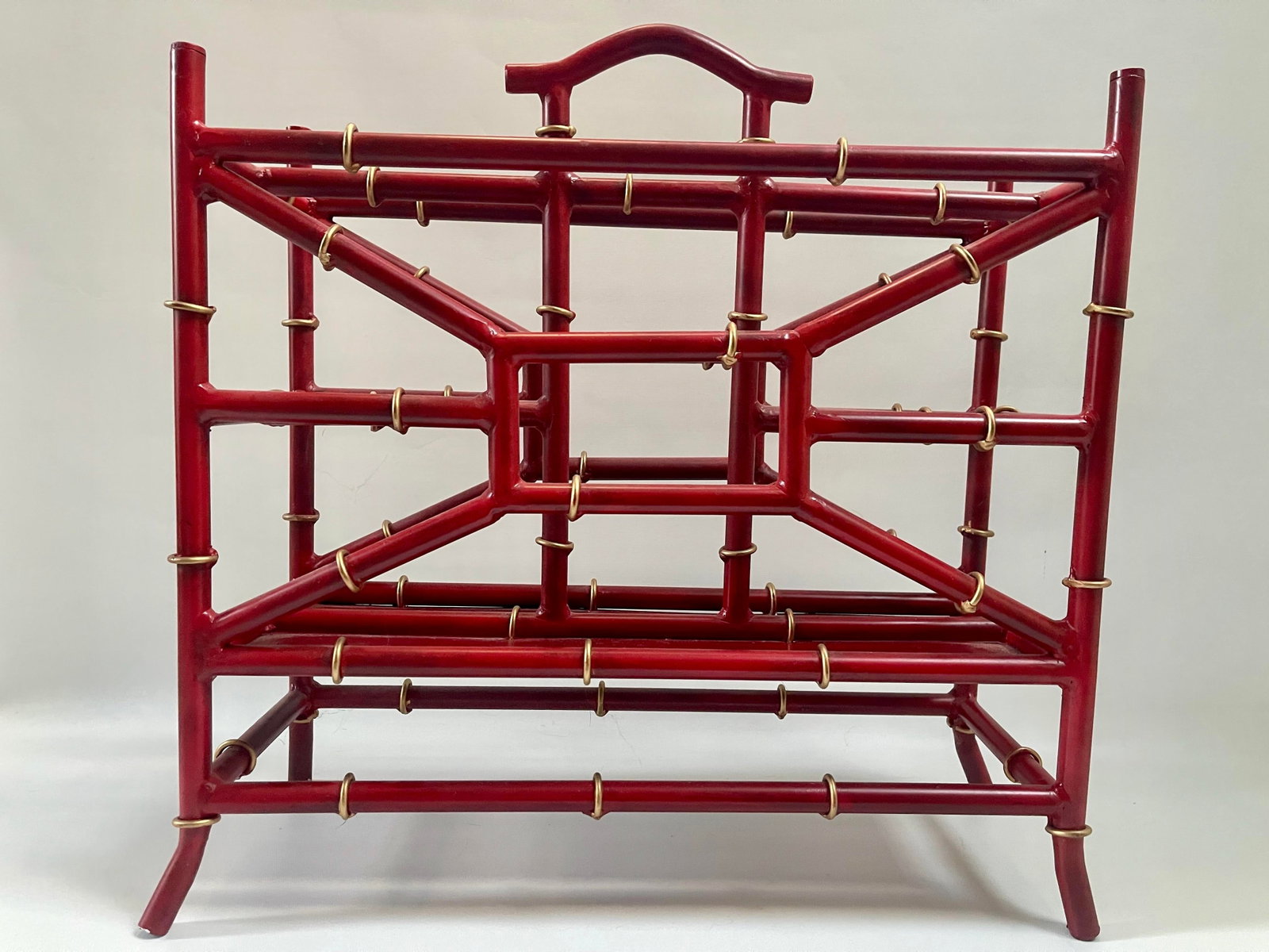 Palm Beach Tony Duquette Style Red Coral Faux Bamboo Magazine Rack Stand - 4