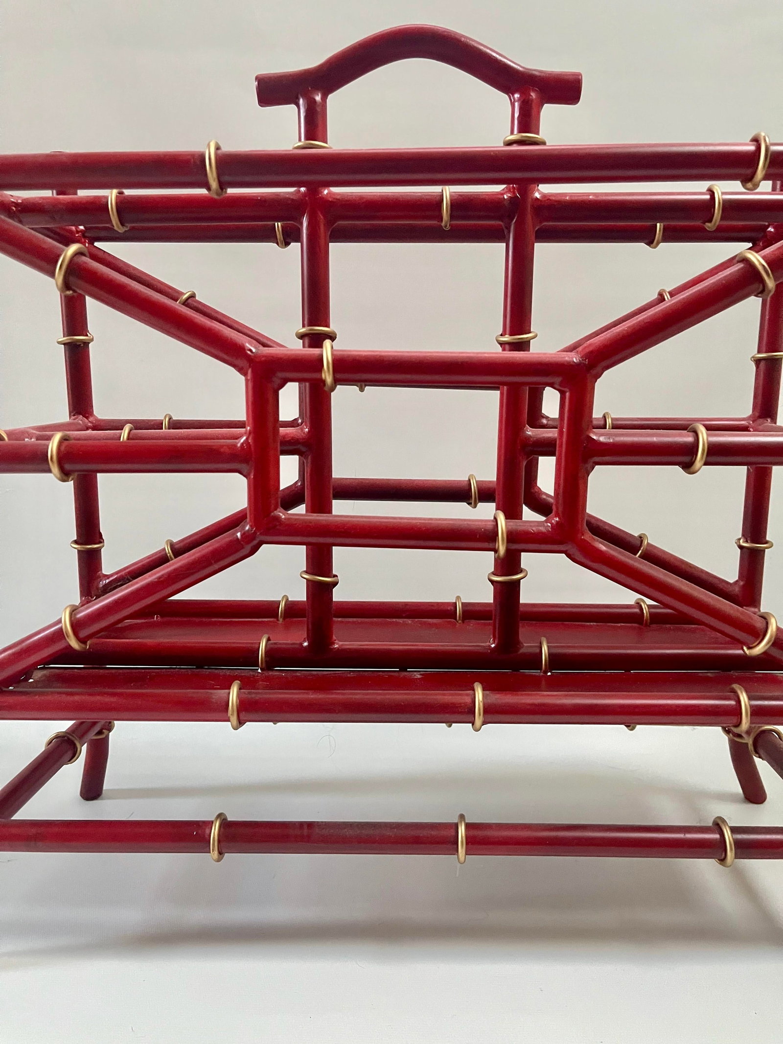 Palm Beach Tony Duquette Style Red Coral Faux Bamboo Magazine Rack Stand - 5