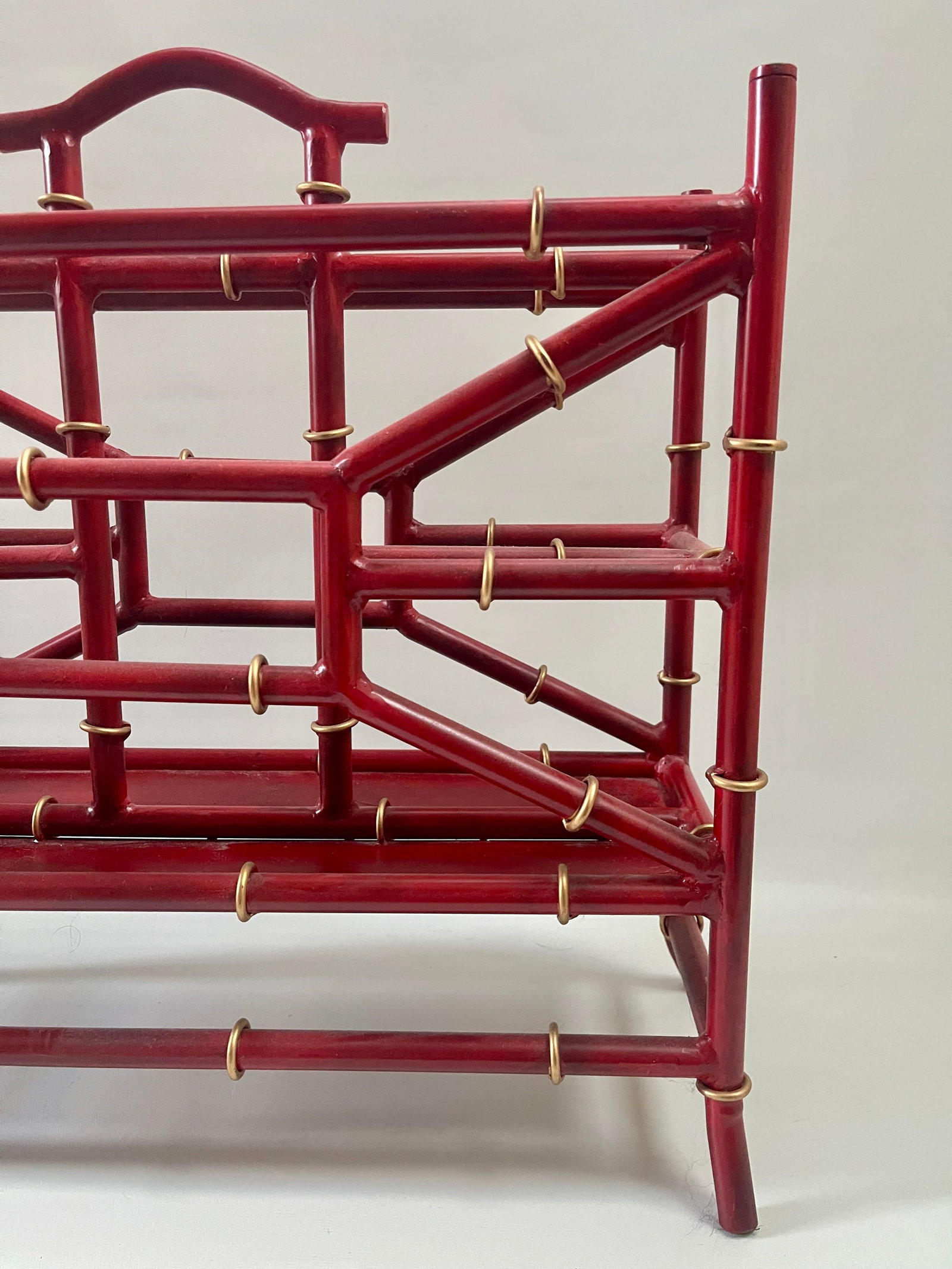 Palm Beach Tony Duquette Style Red Coral Faux Bamboo Magazine Rack Stand - 7