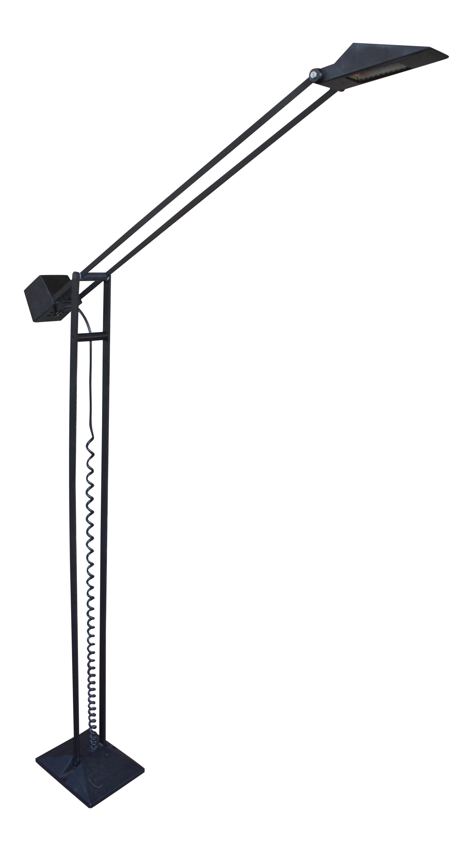 Modernist Minimalist Black Artup Articulated Floor Lamp in Cast Iron and Steel: ARTUP Corp. of Santa Ana produced this articulated floor lamp in the mid-80s. It features a post- modern articulated design with a sculptural black cast iron base and a crane-like profile, complemente