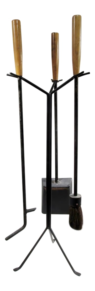 George Nelson 1960s Original Howard Miller Stand Fireplace Tool Set: A classic original 1960s Howard Miller four piece stand fireplace tool set designed by George Nelson Assoc. Overall height approx. 34" and 10.5" diameter, individual tools approx. 28-29" long of