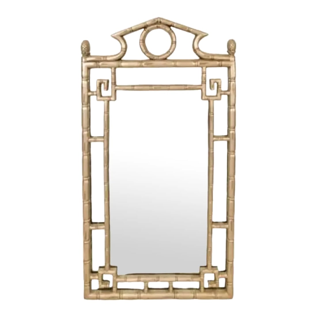 Chinoiserie Style Faux Bamboo Mirror: This stunning Chinese Chippendale-style mirror embodies the perfect blend of exotic elegance and classic refinement. Crafted with a faux bamboo frame, the piece showcases the distinctive Chippendale
