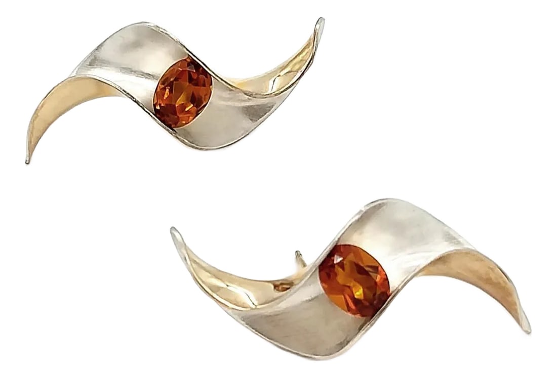 Vintage Modernist Gold & Silver Earrings, Gerhard Herbst Studio - 2 Pieces: Modernist Silver & Gold Earrings set with 8x6 mm Citrine. In 1996 Gerhard Herbst studios began exploring ways to incorporate gemstones into Herbst's Anticlastic forms. The outcome of these