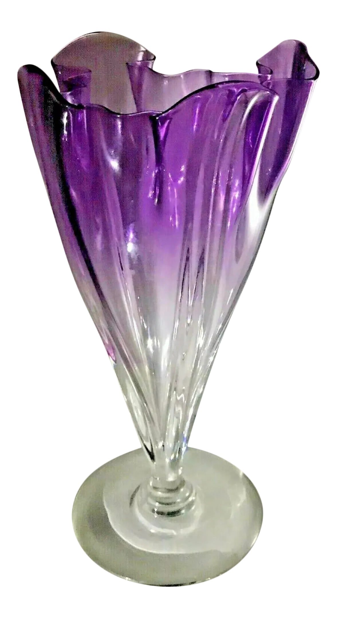 Antique Steuben Purple to Clear Art Glass Vase Grotesque: Crystal Vase by Steuben Grotesque 11 1/2" tall 6 1/4" across the top 4 1/2" base diameter Form #7090 Frederick Carter Art Glass Purple to clear Vase flairs to rim top Beautiful purple color on top Sha