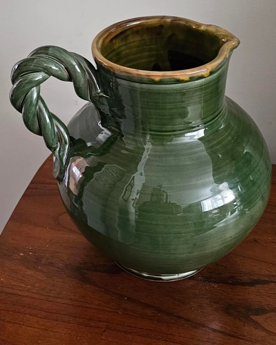 Suds & Co Hand Made Braided Handle Olive Green Color Water/Wine Pitcher - 5
