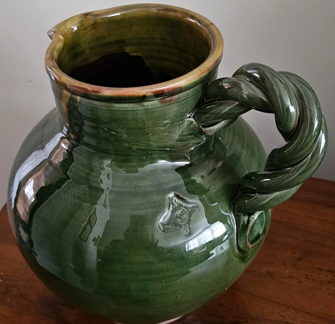 Suds & Co Hand Made Braided Handle Olive Green Color Water/Wine Pitcher - 6