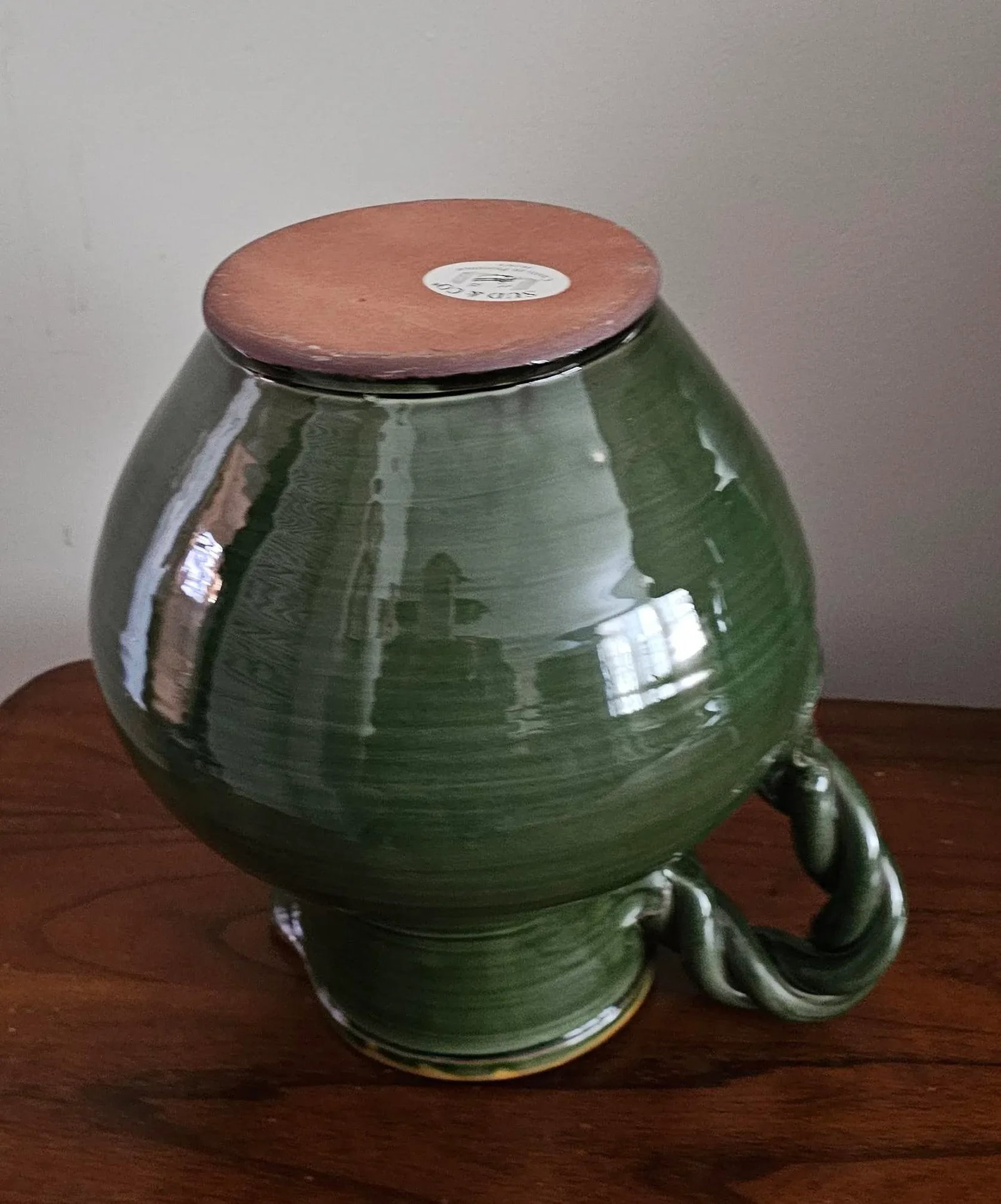 Suds & Co Hand Made Braided Handle Olive Green Color Water/Wine Pitcher - 9