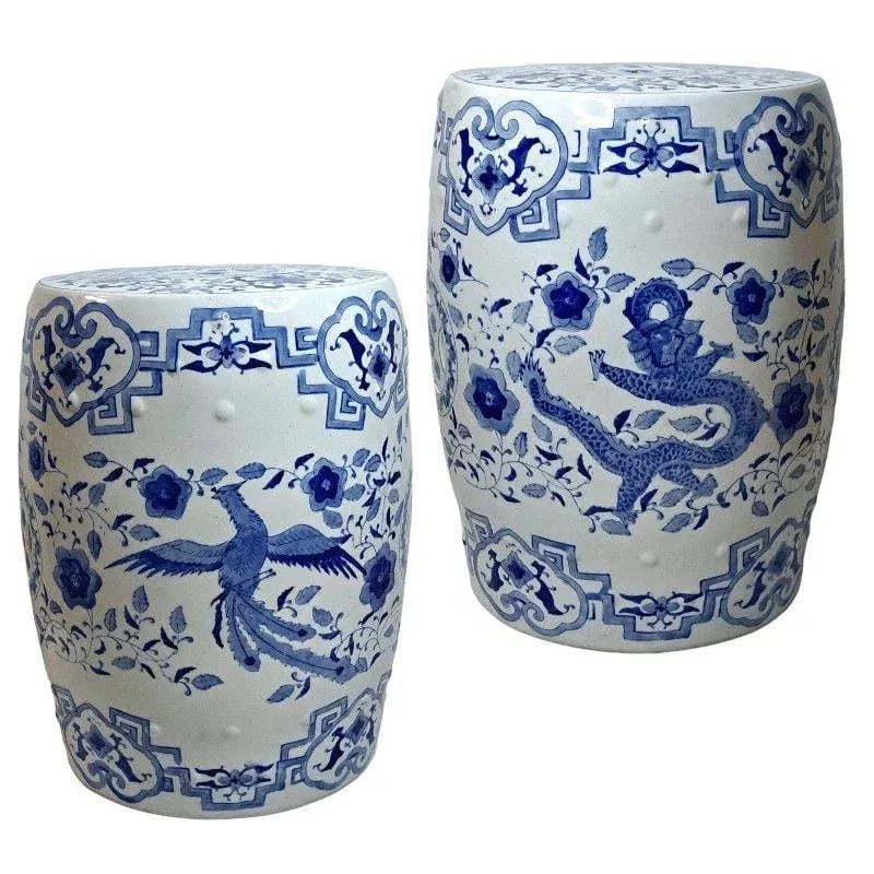 Vintage Chinoiserie Porcelain Drum Garden Stool/Side Table with Dragon & Phoenix - 2