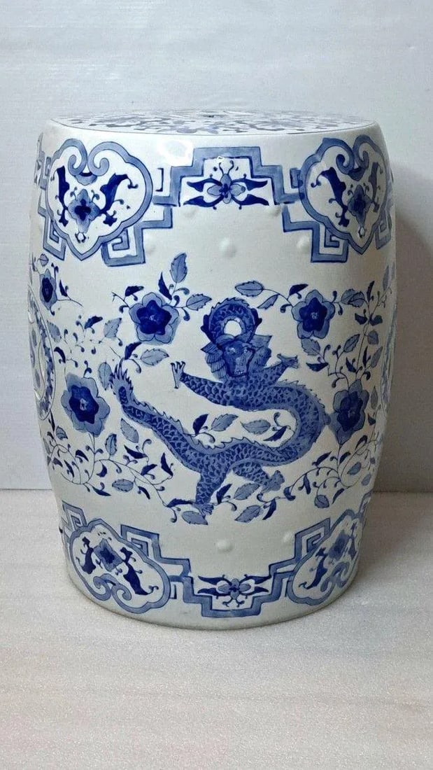 Vintage Chinoiserie Porcelain Drum Garden Stool/Side Table with Dragon & Phoenix - 4