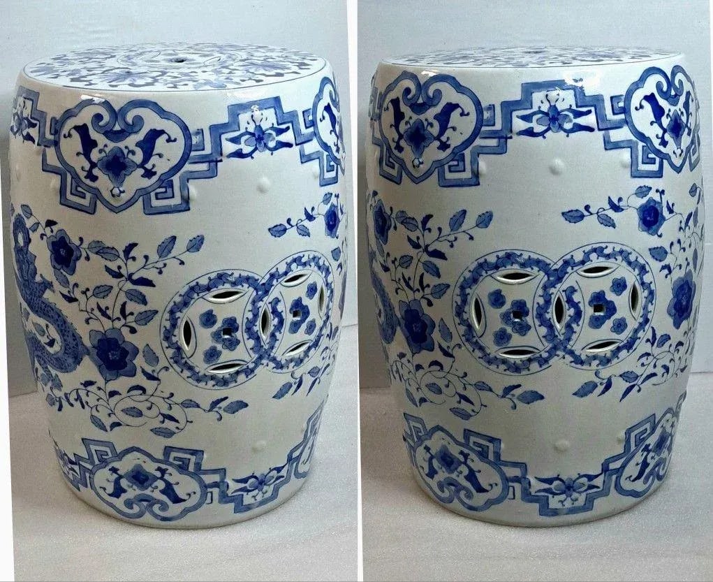 Vintage Chinoiserie Porcelain Drum Garden Stool/Side Table with Dragon & Phoenix - 7