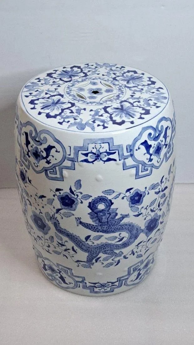 Vintage Chinoiserie Porcelain Drum Garden Stool/Side Table with Dragon & Phoenix - 9