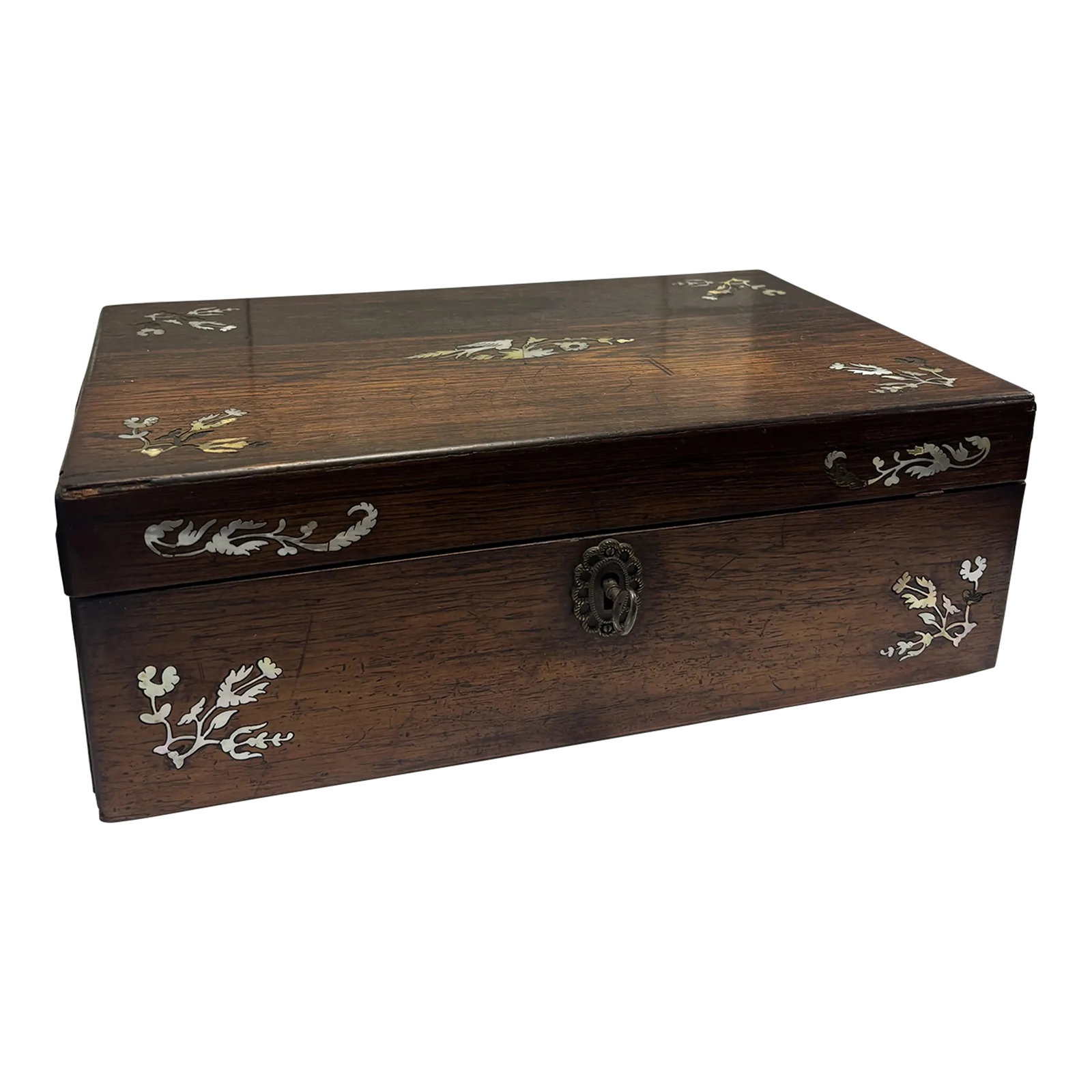 Victorian Stationery Box Lap Desk: This exquisite Victorian rosewood lap desk is a stunning example of 19th-century craftsmanship, featuring intricate mother-of-pearl inlay in a delicate floral design that graces the exterior. Inside, 