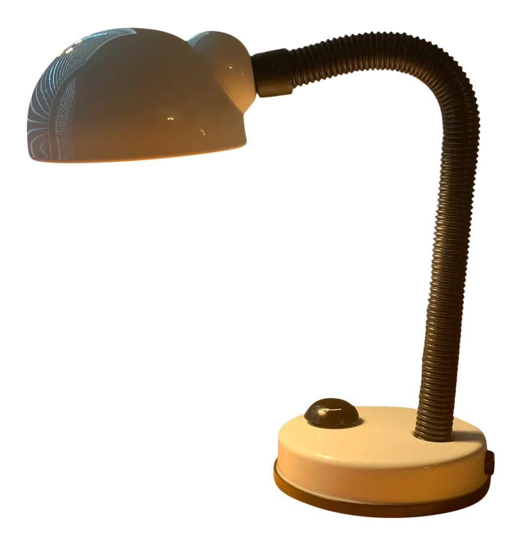 Modern Contemporary Gooseneck Desk Lamp: Modern Contemporary Gooseneck Desk Lamp. An original adjustable goose neck lamp. with base and steel/ plastic shade. CREATOR Unknown. DATE OF MANUFACTURE 1990's MATERIALS AND TECHNIQUES Steel, Metal, 